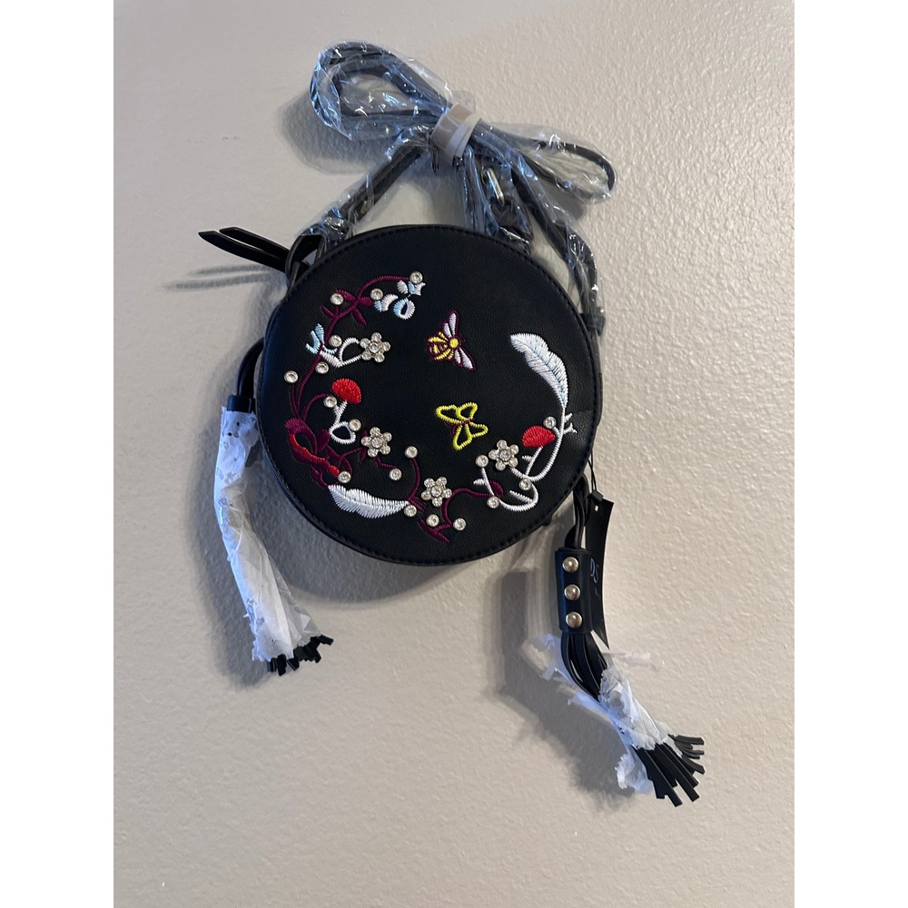 DS Bags Black Round Embroidered Floral Butterfly Rhinestone Tassel Crossbody Bag